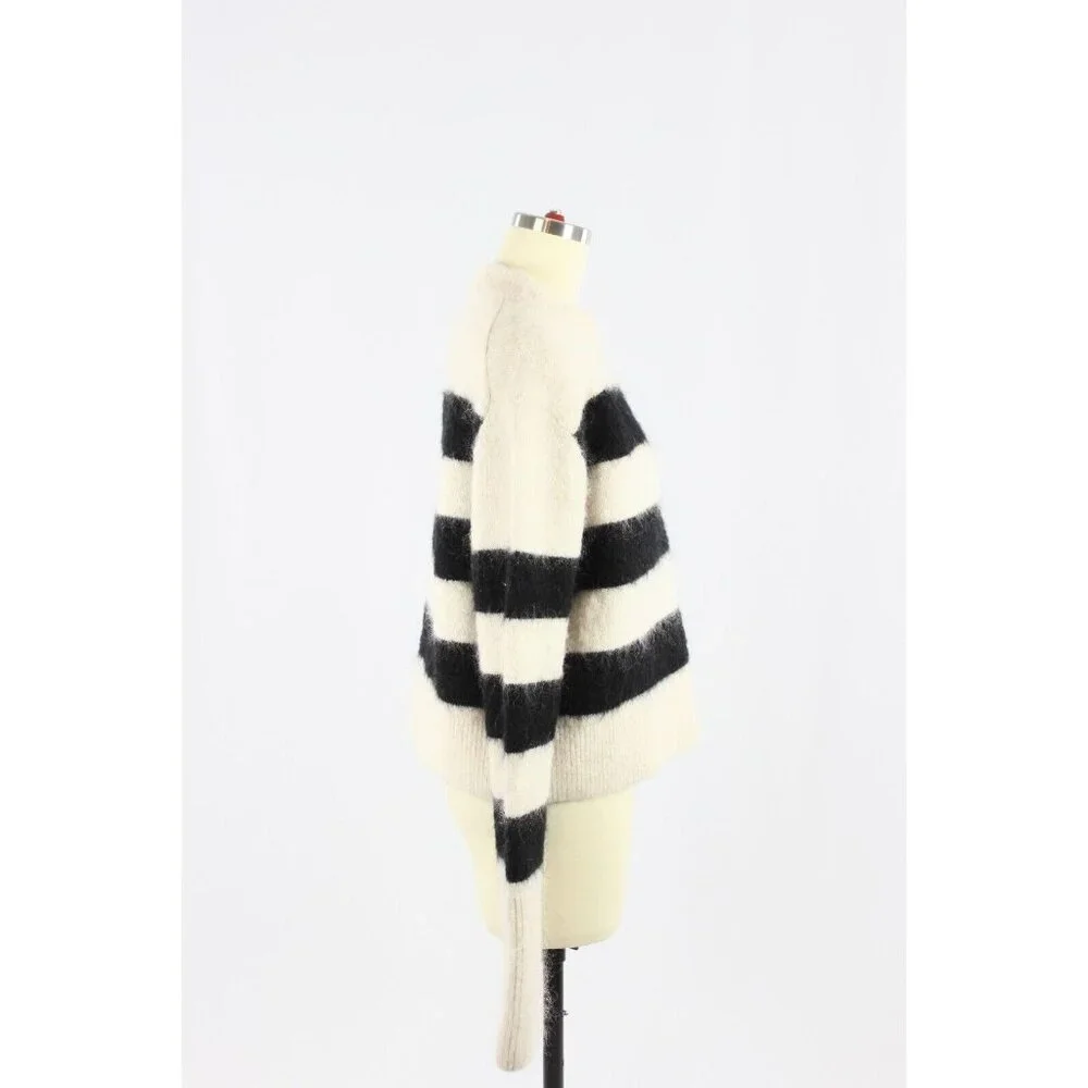 H&M White Black Striped Mohair Wool Blend Knit Crew Neck Sweater, Size M - Picture 3 of 13